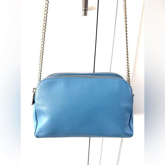 FURLA Blue Leather 2-Way Crossbody Clutch Champagne Chain Double Zip - Picture 3 of 10